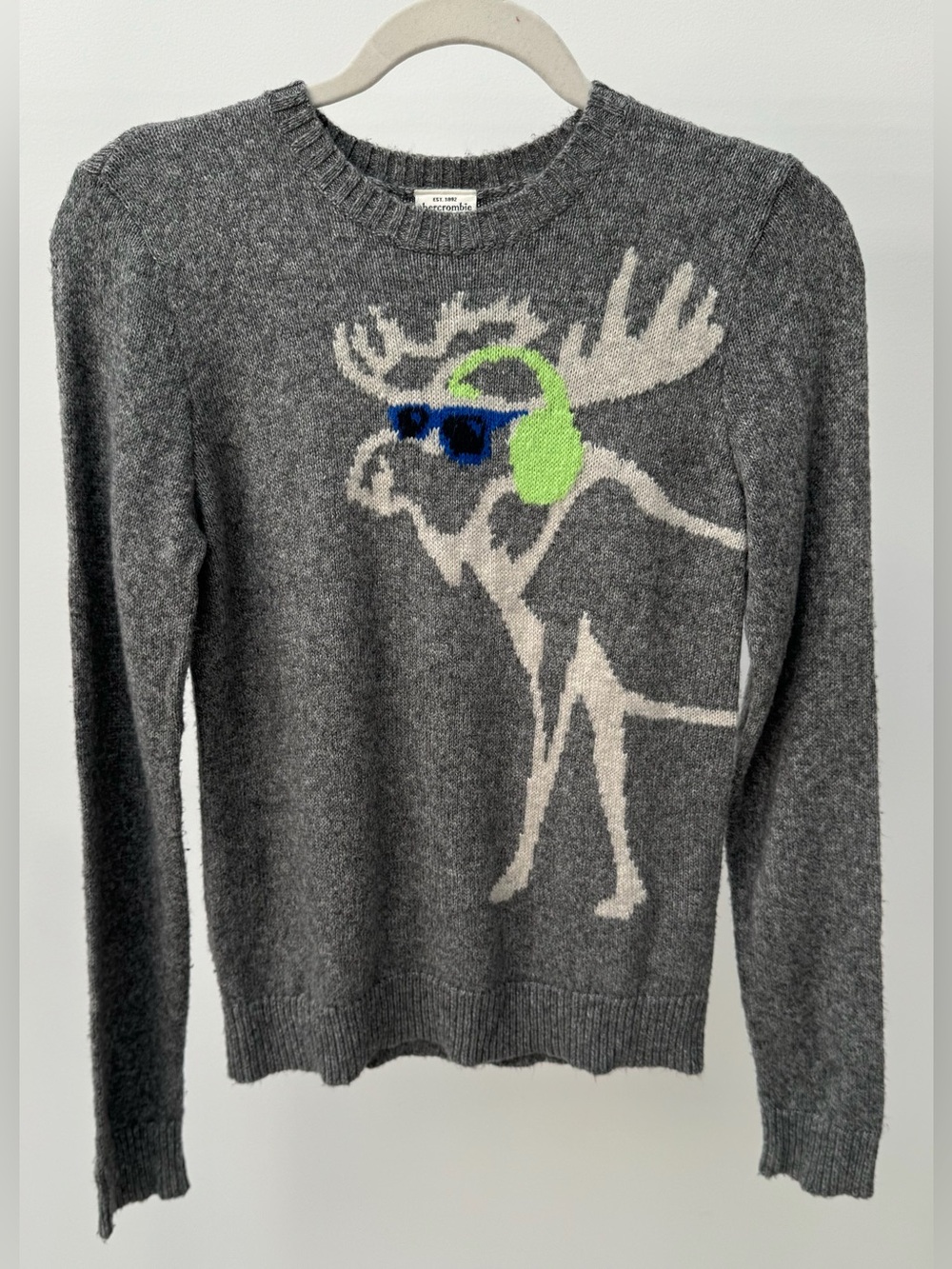 Abercrombie Kids Gray Knit Moose Crewneck Sweater, Size L